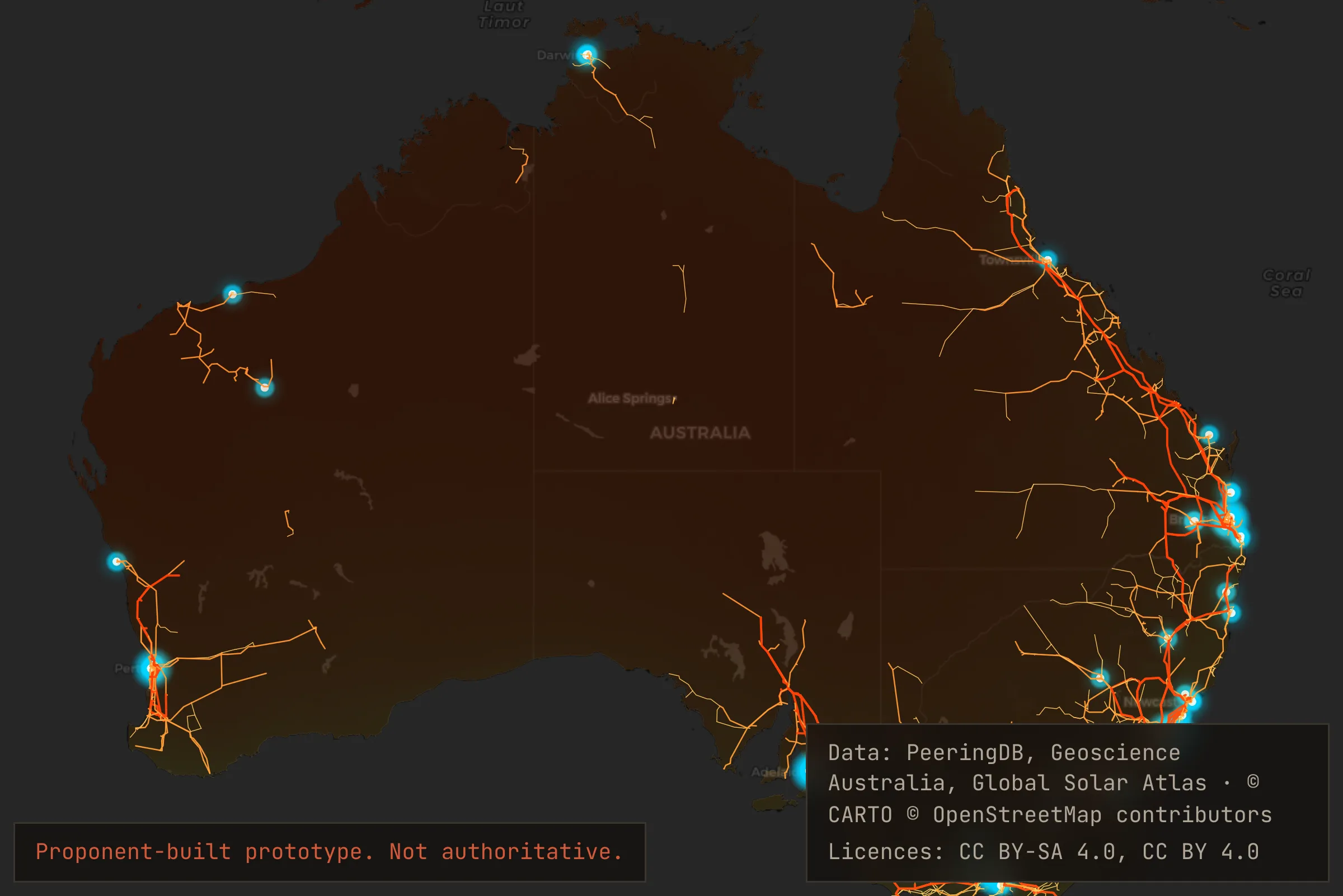 Australia with existing transmission lines and data centres marked, over solar resource. Both cluster on the eastern seaboard and around Perth. The inland belt, where the solar resource is highest, carries almost no transmission and no data centres.